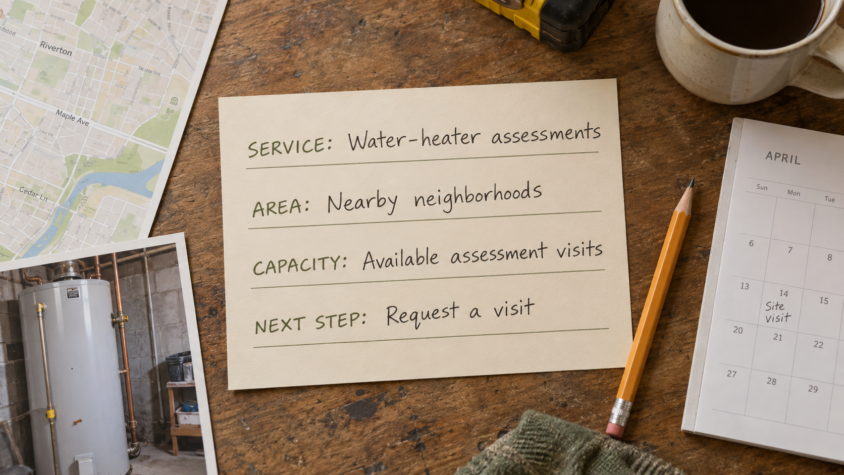 A sample campaign brief specifies water-heater assessments, nearby neighborhoods, available visits, and a request-a-visit next step.