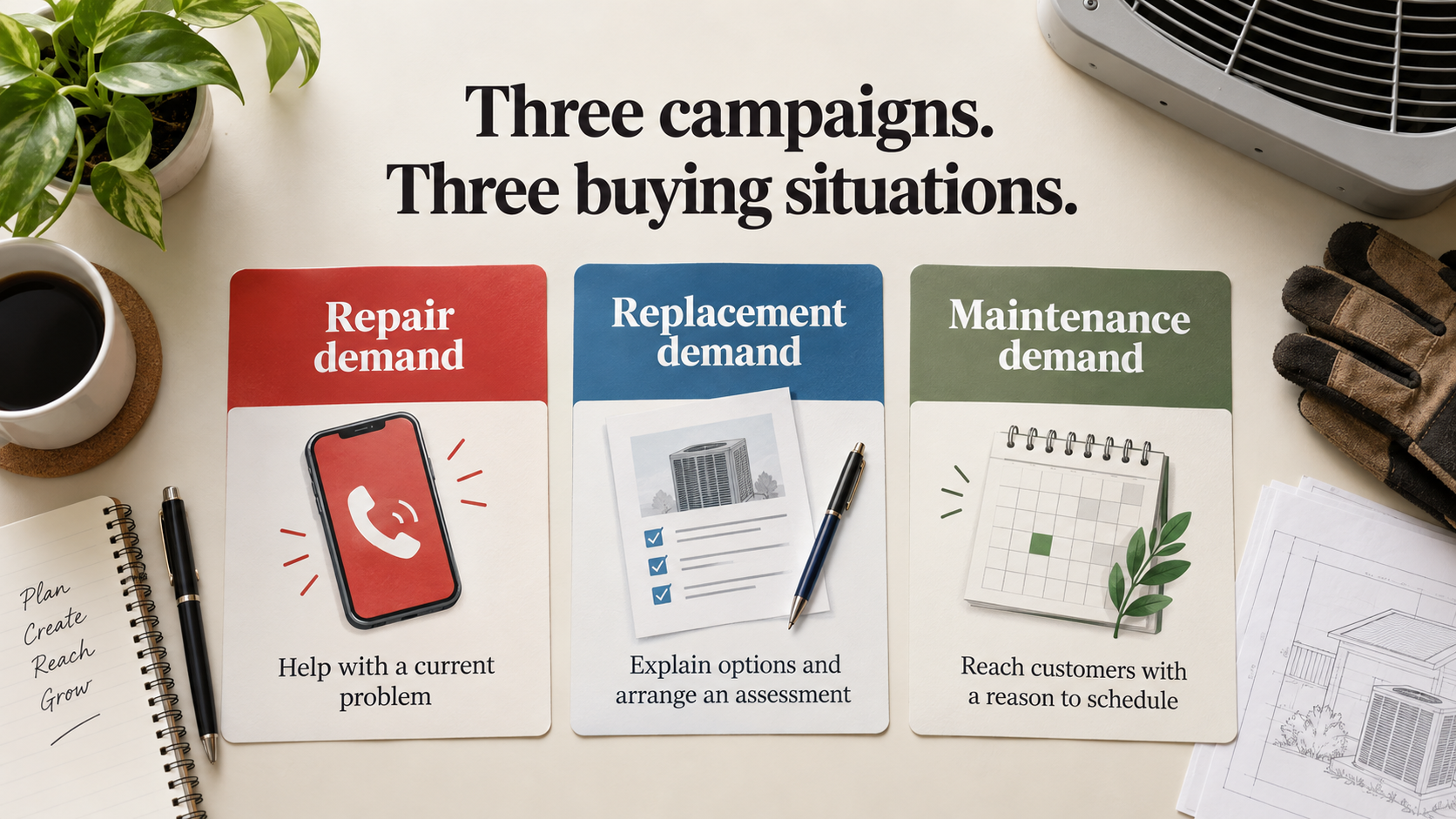 Three HVAC campaign cards separate repair, replacement, and maintenance demand.