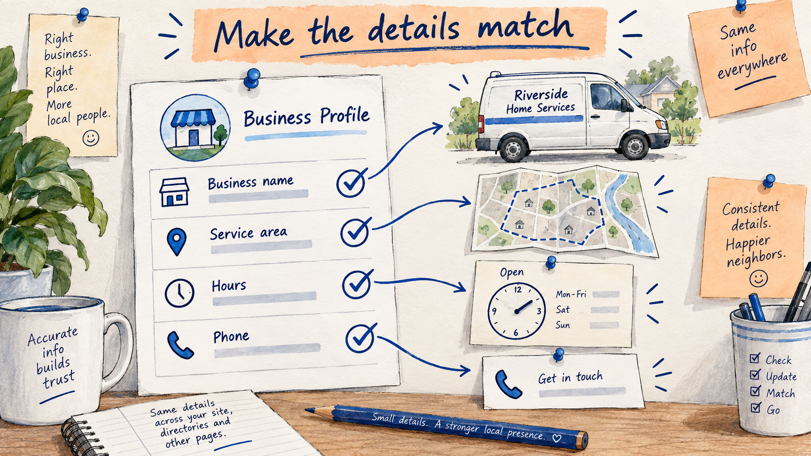 An illustrated local-business profile checklist connects business name, service area, hours, and phone to real business details.