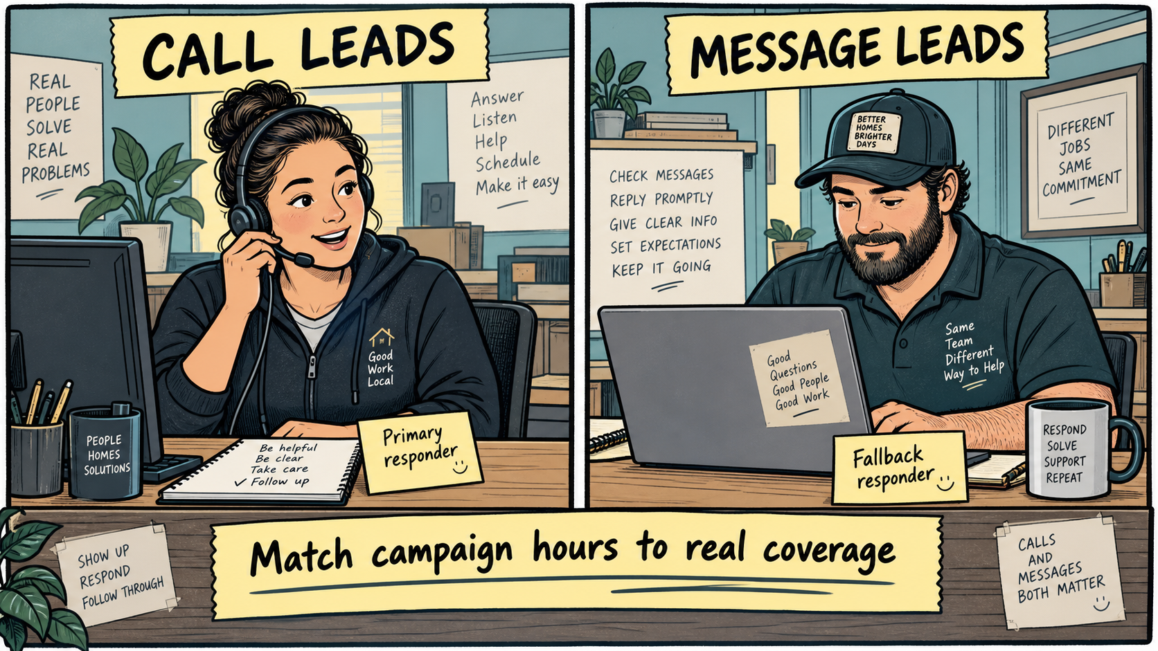 A two-panel illustration gives call leads a primary responder and message leads a fallback responder.