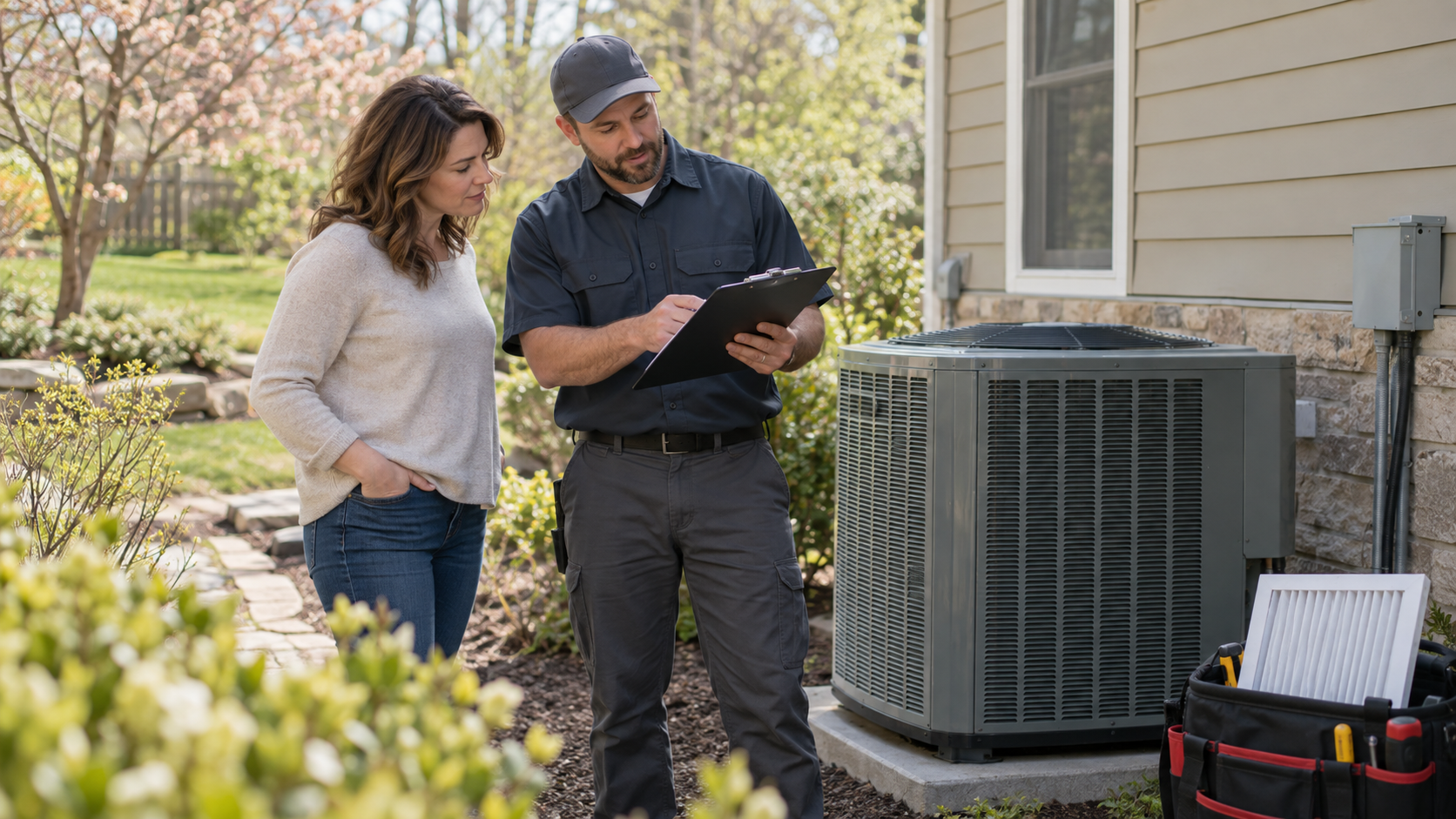 An HVAC technician discusses a maintenance checklist with a homeowner beside an outdoor condenser.