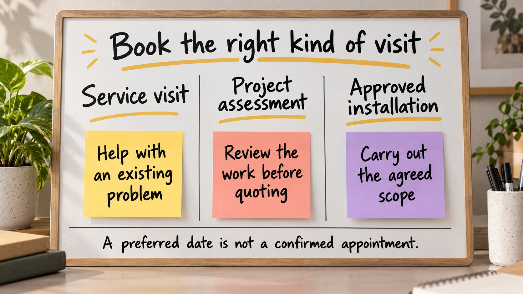 An office board separates service visits, project assessments, and approved installations.